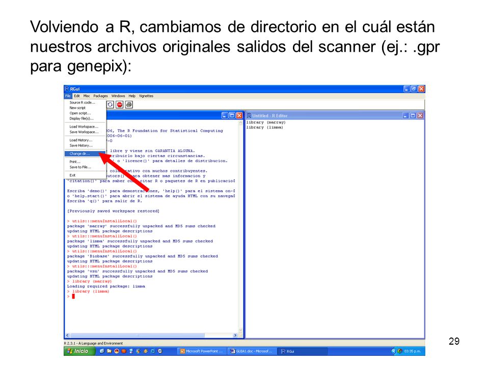 Volviendo a R, cambiamos de directorio en el cuál están nuestros archivos originales salidos del scanner (ej.: .gpr para genepix):