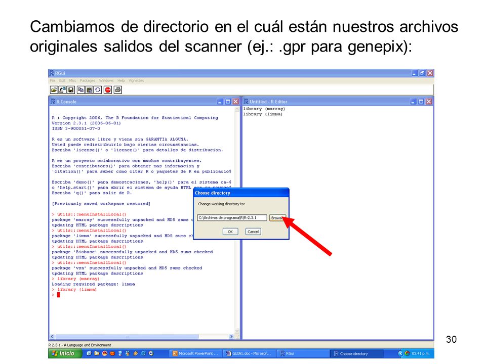 Cambiamos de directorio en el cuál están nuestros archivos originales salidos del scanner (ej.: .gpr para genepix):