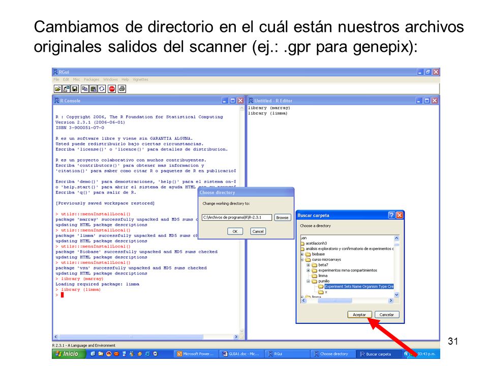 Cambiamos de directorio en el cuál están nuestros archivos originales salidos del scanner (ej.: .gpr para genepix):