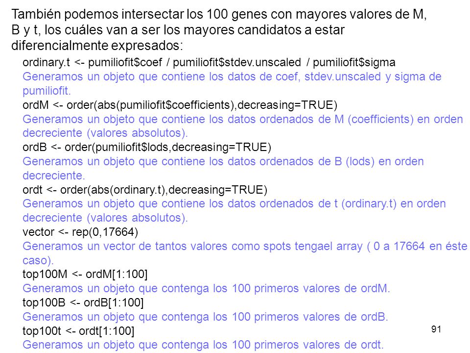 También podemos intersectar los 100 genes con mayores valores de M, B y t, los cuáles van a ser los mayores candidatos a estar diferencialmente expresados: