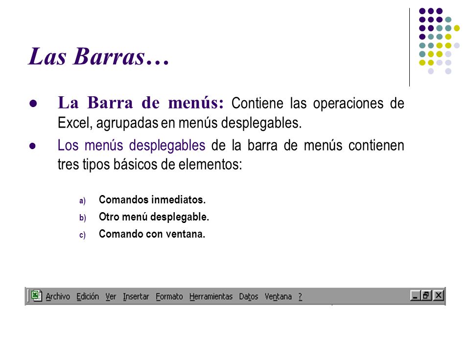 Las Barras… La Barra de menús: Contiene las operaciones de Excel, agrupadas en menús desplegables.