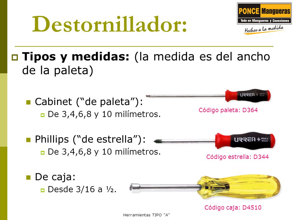 Destornillador: Tipos y medidas: (la medida es del ancho de la paleta)