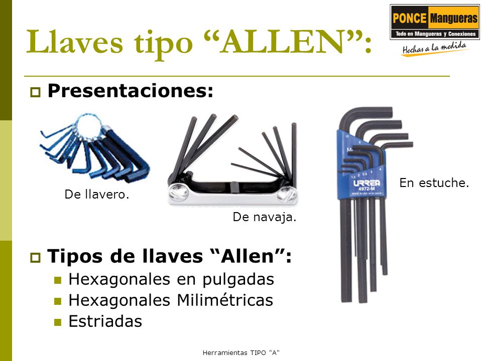 Llaves tipo ALLEN : Presentaciones: Tipos de llaves Allen :