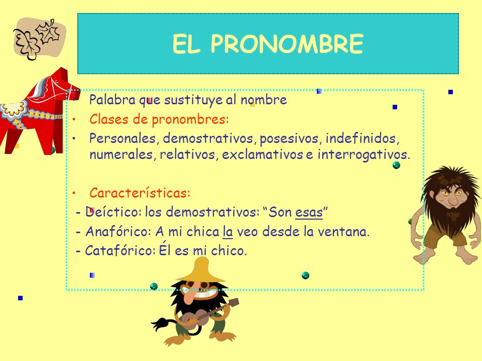 EL PRONOMBRE Palabra que sustituye al nombre Clases de pronombres: