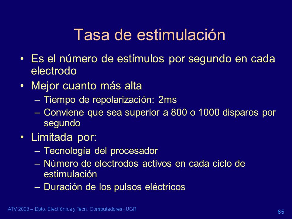 Tasa de estimulación Es el número de estímulos por segundo en cada electrodo. Mejor cuanto más alta.