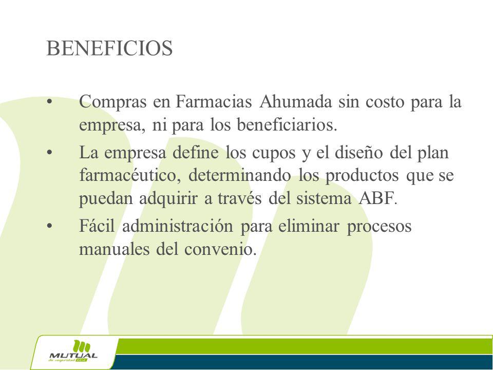 BENEFICIOS Compras en Farmacias Ahumada sin costo para la empresa, ni para los beneficiarios.