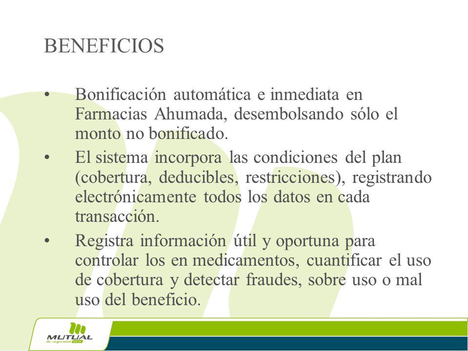 BENEFICIOS Bonificación automática e inmediata en Farmacias Ahumada, desembolsando sólo el monto no bonificado.