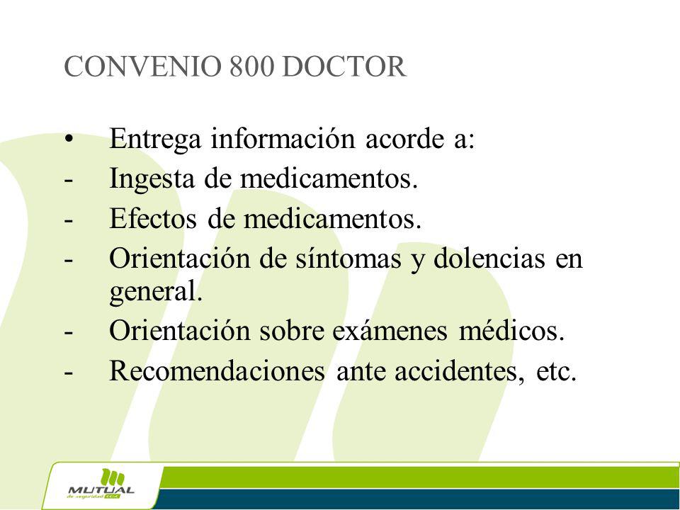 CONVENIO 800 DOCTOR Entrega información acorde a: Ingesta de medicamentos. Efectos de medicamentos.