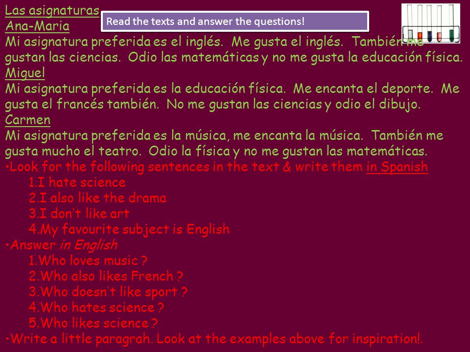 Look for the following sentences in the text & write them in Spanish