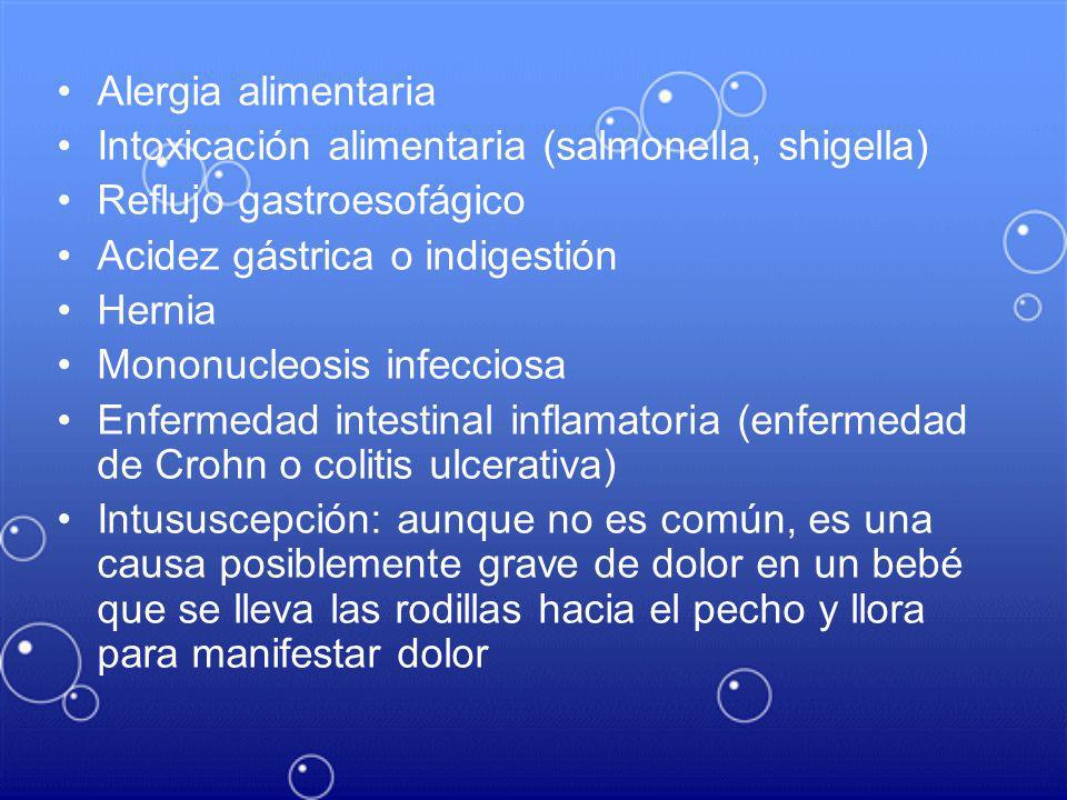 Alergia alimentaria Intoxicación alimentaria (salmonella, shigella) Reflujo gastroesofágico. Acidez gástrica o indigestión.