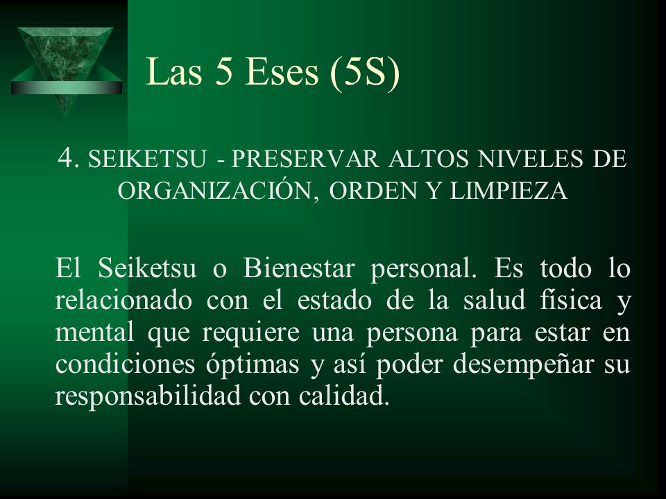 Las 5 Eses (5S) 4. SEIKETSU - PRESERVAR ALTOS NIVELES DE ORGANIZACIÓN, ORDEN Y LIMPIEZA.