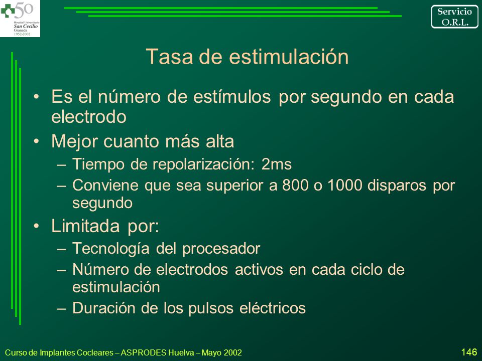 Tasa de estimulación Es el número de estímulos por segundo en cada electrodo. Mejor cuanto más alta.