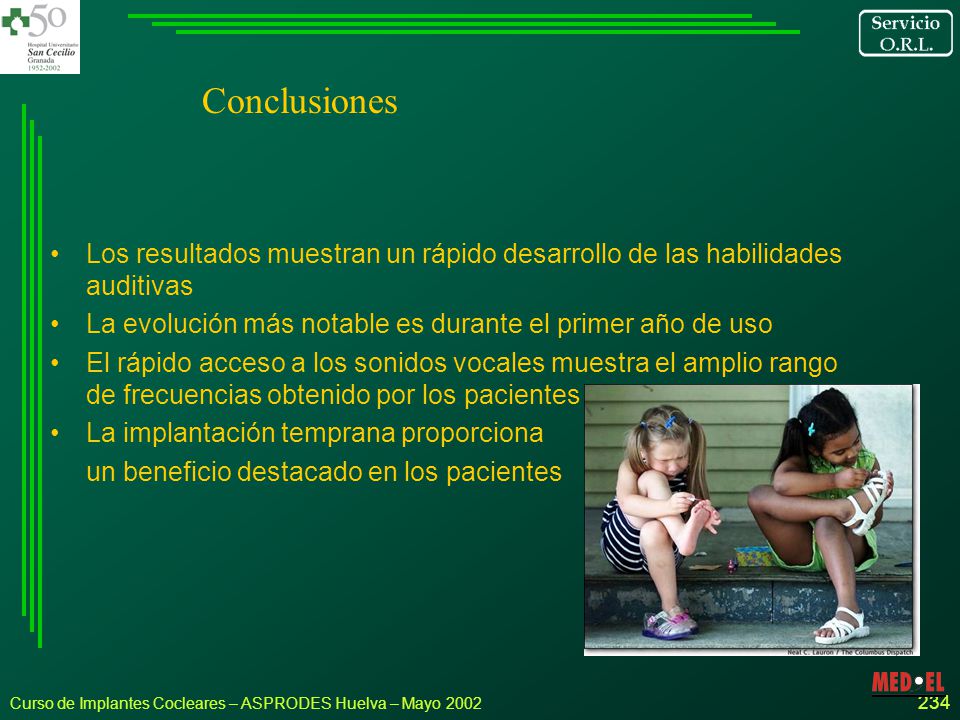 Conclusiones Los resultados muestran un rápido desarrollo de las habilidades auditivas. La evolución más notable es durante el primer año de uso.