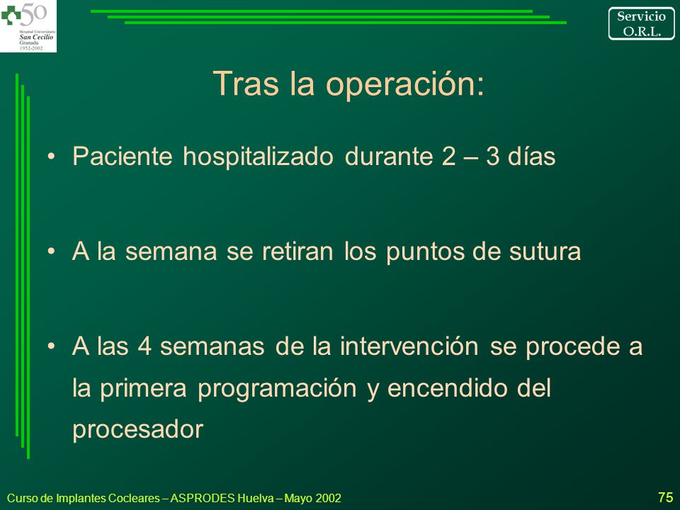 Tras la operación: Paciente hospitalizado durante 2 – 3 días