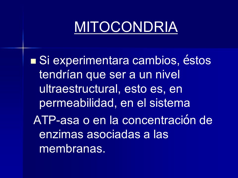 MITOCONDRIA Si experimentara cambios, éstos tendrían que ser a un nivel ultraestructural, esto es, en permeabilidad, en el sistema.