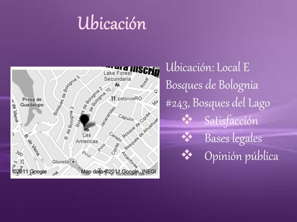 Ubicación Ubicación: Local E Bosques de Bolognia #243, Bosques del Lago. Satisfacción. Bases legales.