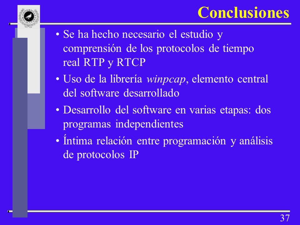 Conclusiones Se ha hecho necesario el estudio y comprensión de los protocolos de tiempo real RTP y RTCP.