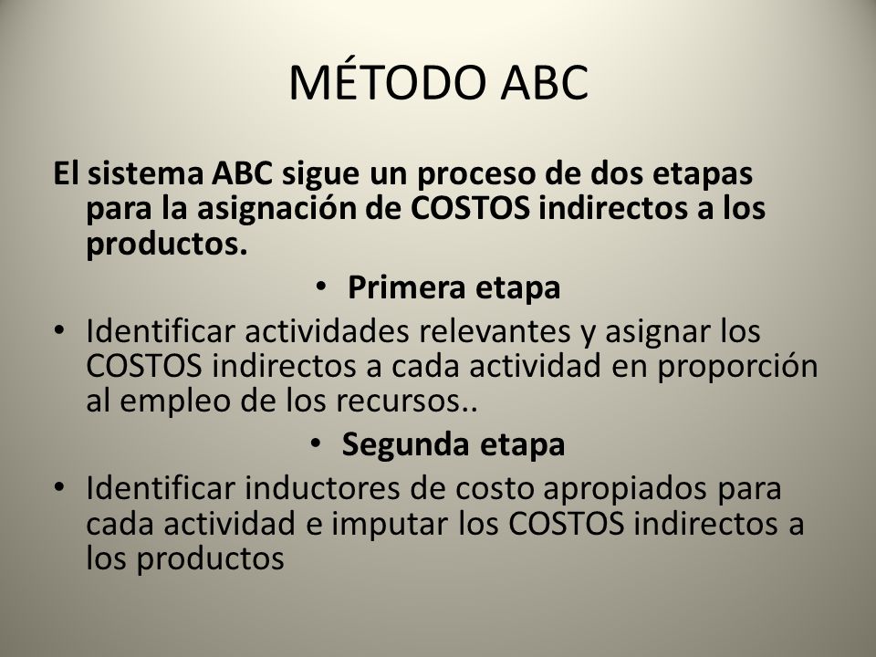 MÉTODO ABC El sistema ABC sigue un proceso de dos etapas para la asignación de COSTOS indirectos a los productos.