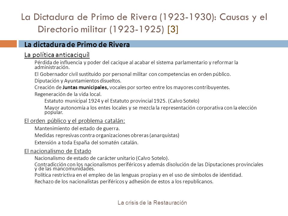 La Dictadura de Primo de Rivera ( ): Causas y el Directorio militar ( ) [3]