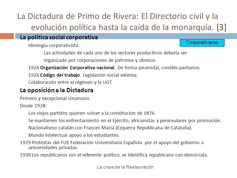 La Dictadura de Primo de Rivera: El Directorio civil y la evolución política hasta la caída de la monarquía. [3]
