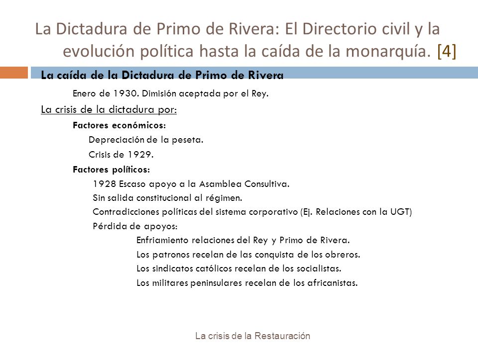 La Dictadura de Primo de Rivera: El Directorio civil y la evolución política hasta la caída de la monarquía. [4]