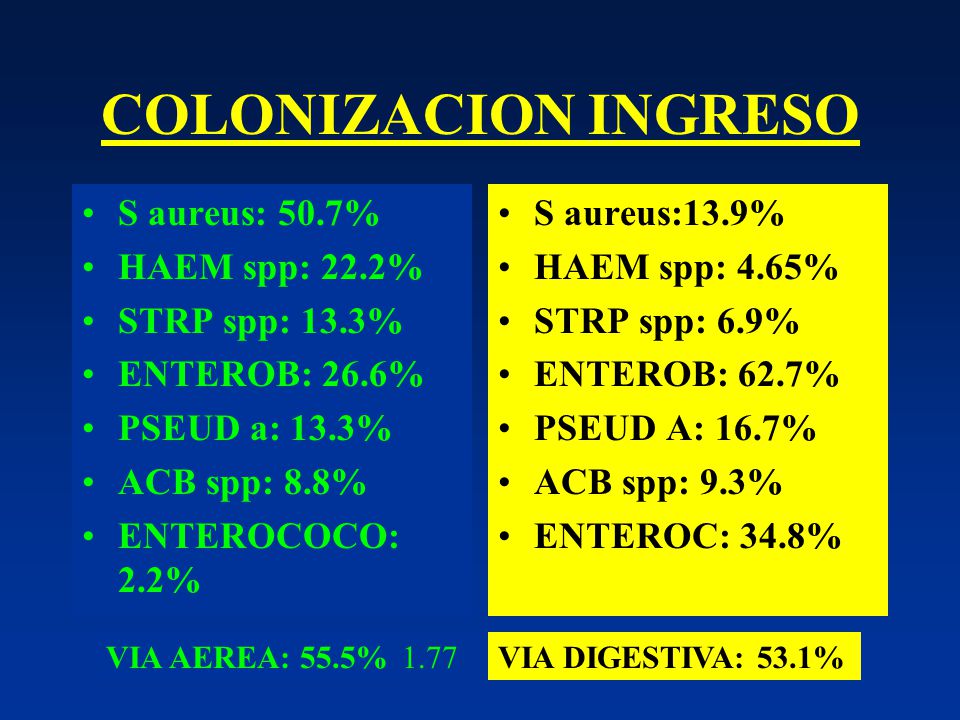 COLONIZACION INGRESO S aureus: 50.7% HAEM spp: 22.2% STRP spp: 13.3%