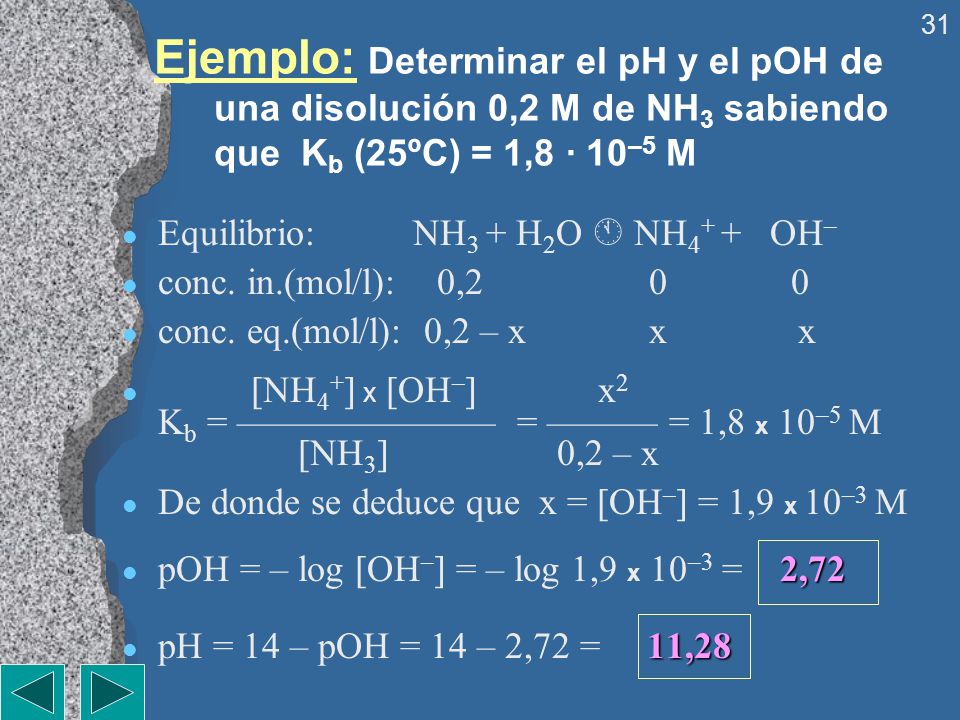 Ejemplo: Determinar el pH y el pOH de una disolución 0,2 M de NH3 sabiendo que Kb (25ºC) = 1,8 · 10–5 M