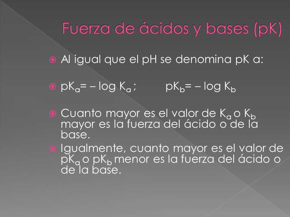 Fuerza de ácidos y bases (pK)