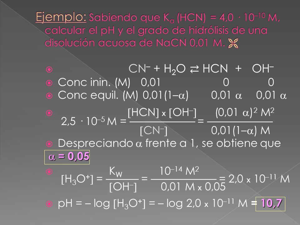 Ejemplo: Sabiendo que Ka (HCN) = 4,0 · 10–10 M, calcular el pH y el grado de hidrólisis de una disolución acuosa de NaCN 0,01 M. 