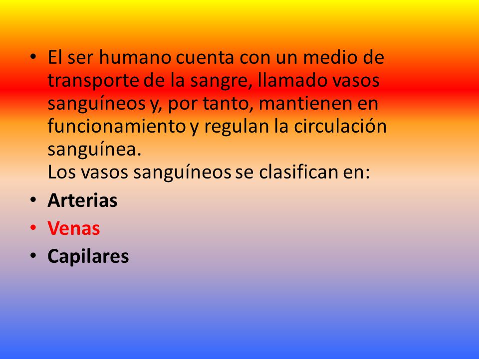 El ser humano cuenta con un medio de transporte de la sangre, llamado vasos sanguíneos y, por tanto, mantienen en funcionamiento y regulan la circulación sanguínea. Los vasos sanguíneos se clasifican en: