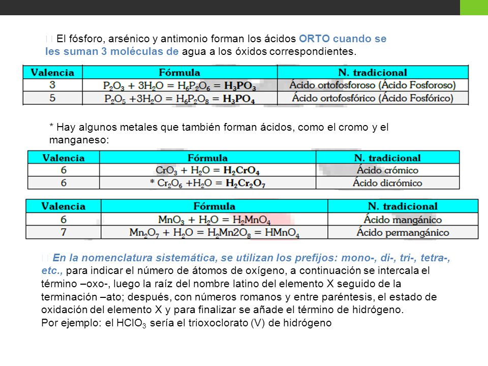  El fósforo, arsénico y antimonio forman los ácidos ORTO cuando se les suman 3 moléculas de agua a los óxidos correspondientes.