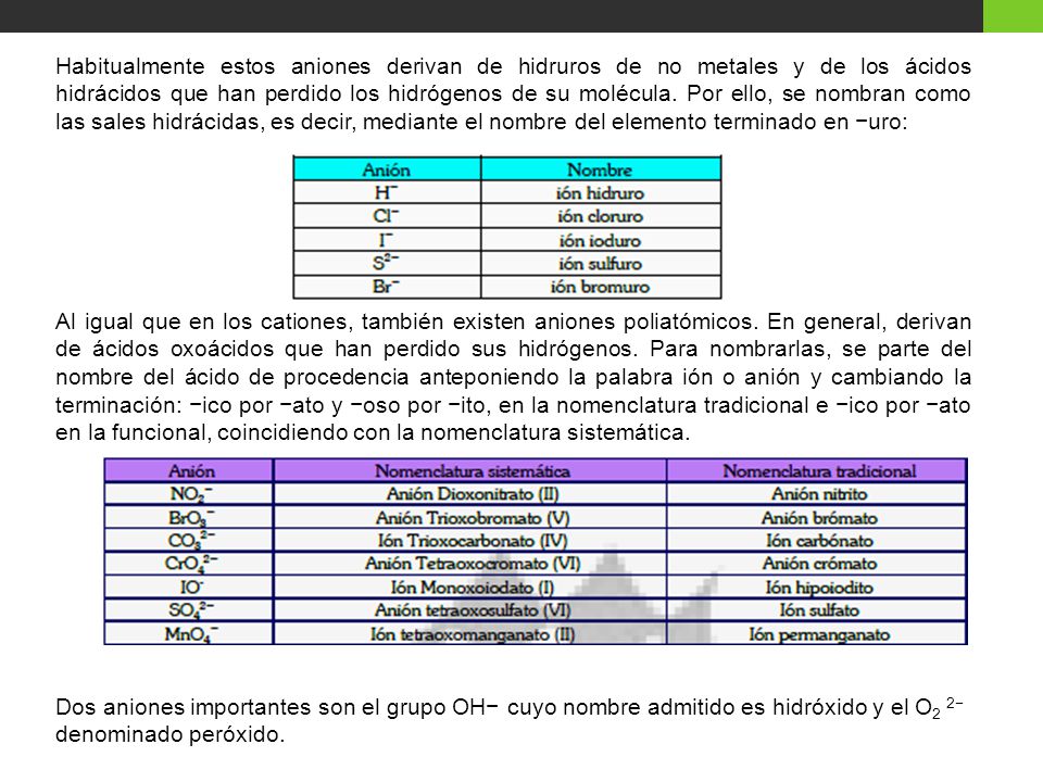 Habitualmente estos aniones derivan de hidruros de no metales y de los ácidos hidrácidos que han perdido los hidrógenos de su molécula. Por ello, se nombran como las sales hidrácidas, es decir, mediante el nombre del elemento terminado en −uro:
