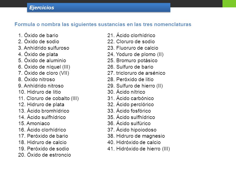 Ejercicios Formula o nombra las siguientes sustancias en las tres nomenclaturas. 1. Óxido de bario.