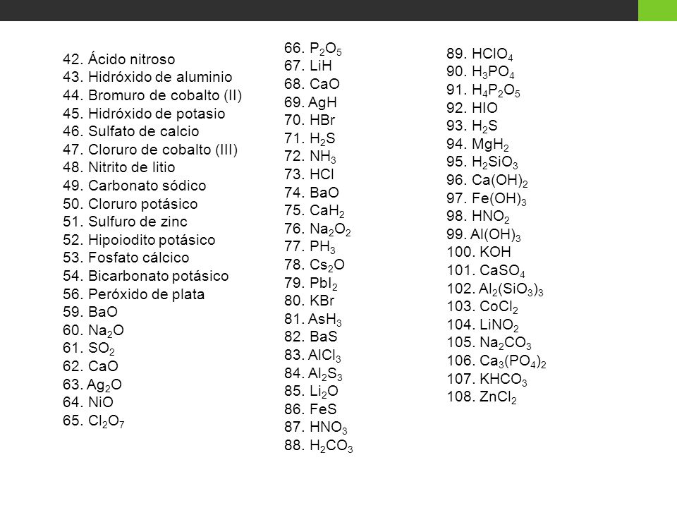 66. P2O5 67. LiH. 68. CaO. 69. AgH. 70. HBr. 71. H2S. 72. NH HCl. 74. BaO. 75. CaH Na2O2.