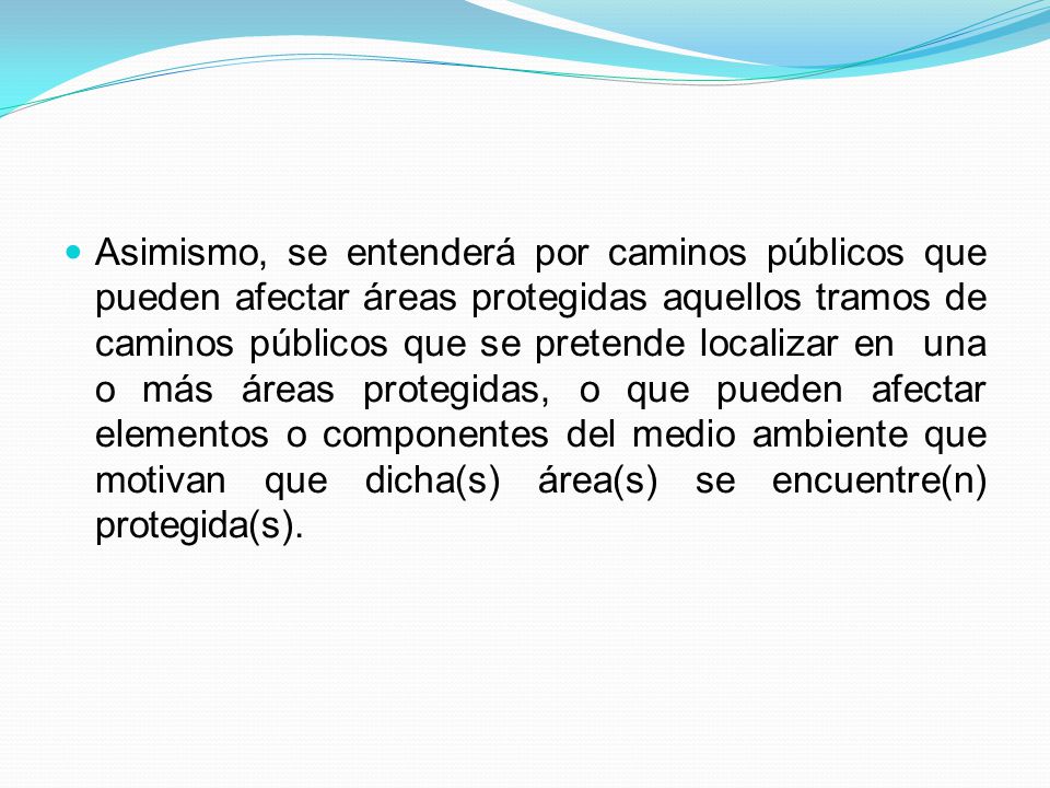 Asimismo, se entenderá por caminos públicos que pueden afectar áreas protegidas aquellos tramos de caminos públicos que se pretende localizar en una o más áreas protegidas, o que pueden afectar elementos o componentes del medio ambiente que motivan que dicha(s) área(s) se encuentre(n) protegida(s).