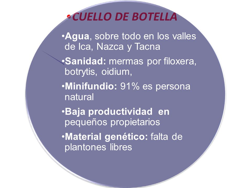 CUELLO DE BOTELLA Agua, sobre todo en los valles de Ica, Nazca y Tacna