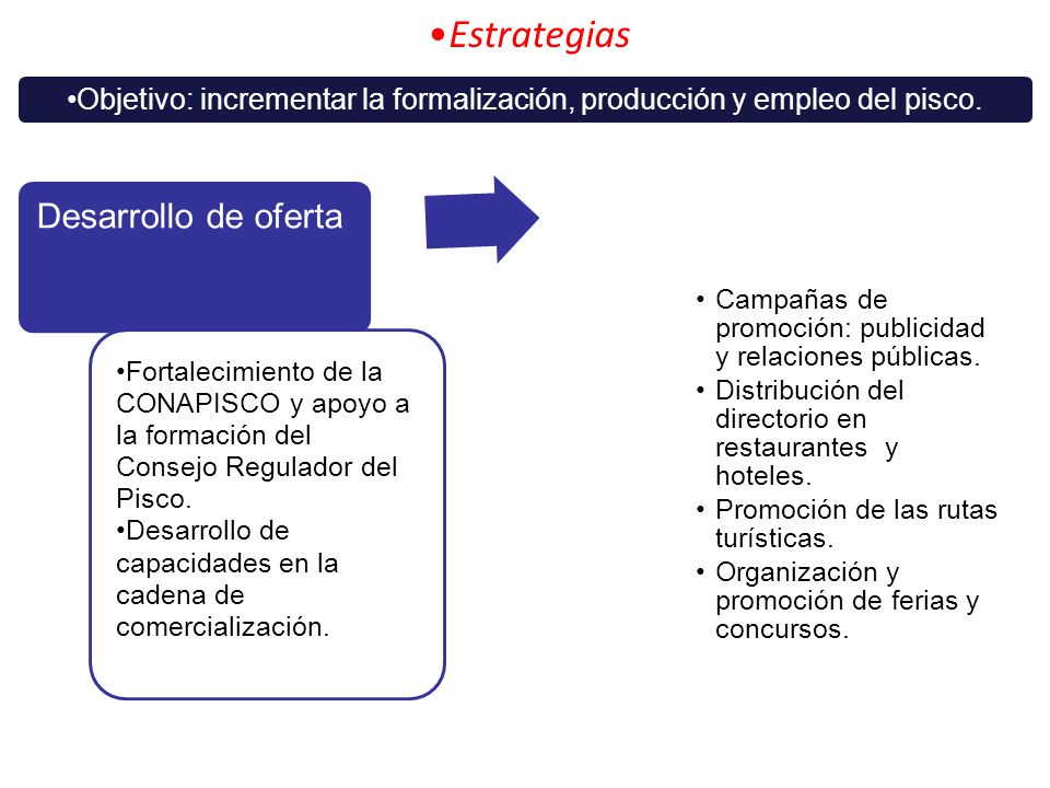 Objetivo: incrementar la formalización, producción y empleo del pisco.