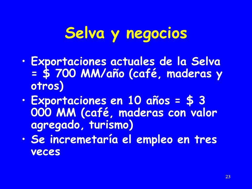 Selva y negocios Exportaciones actuales de la Selva = $ 700 MM/año (café, maderas y otros)