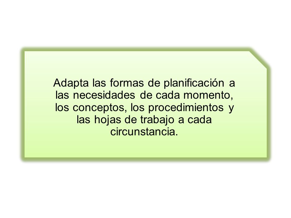 Adapta las formas de planificación a las necesidades de cada momento, los conceptos, los procedimientos y las hojas de trabajo a cada circunstancia.
