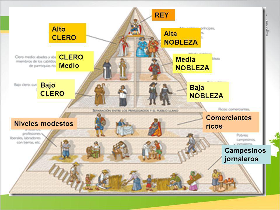 REY Alto CLERO. Alta NOBLEZA. CLERO Medio. Media NOBLEZA. Bajo CLERO. Baja NOBLEZA. Comerciantes ricos.