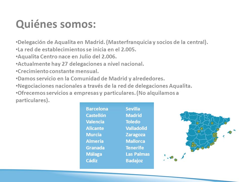 Quiénes somos: Delegación de Aqualita en Madrid. (Masterfranquicia y socios de la central). La red de establecimientos se inicia en el