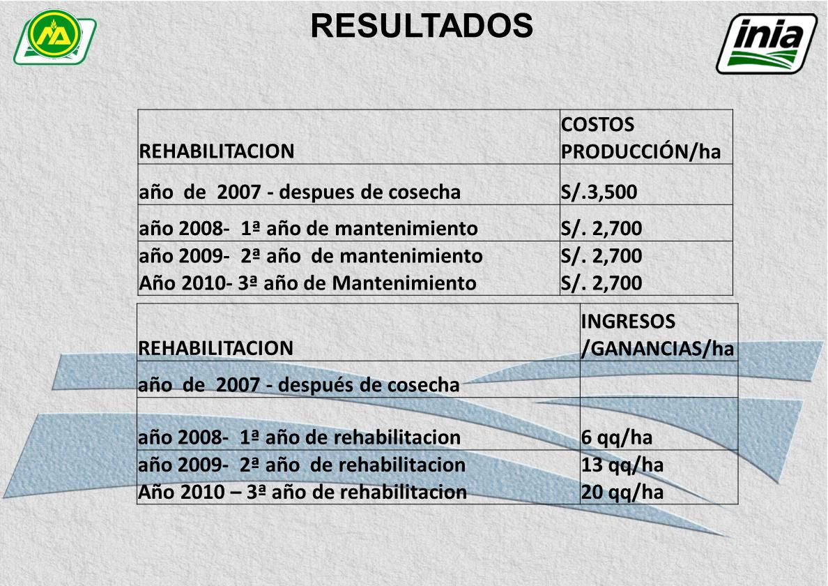 RESULTADOS REHABILITACION COSTOS PRODUCCIÓN/ha