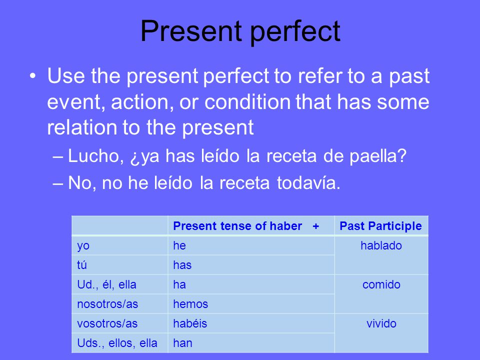 Present perfect Use the present perfect to refer to a past event, action, or condition that has some relation to the present.