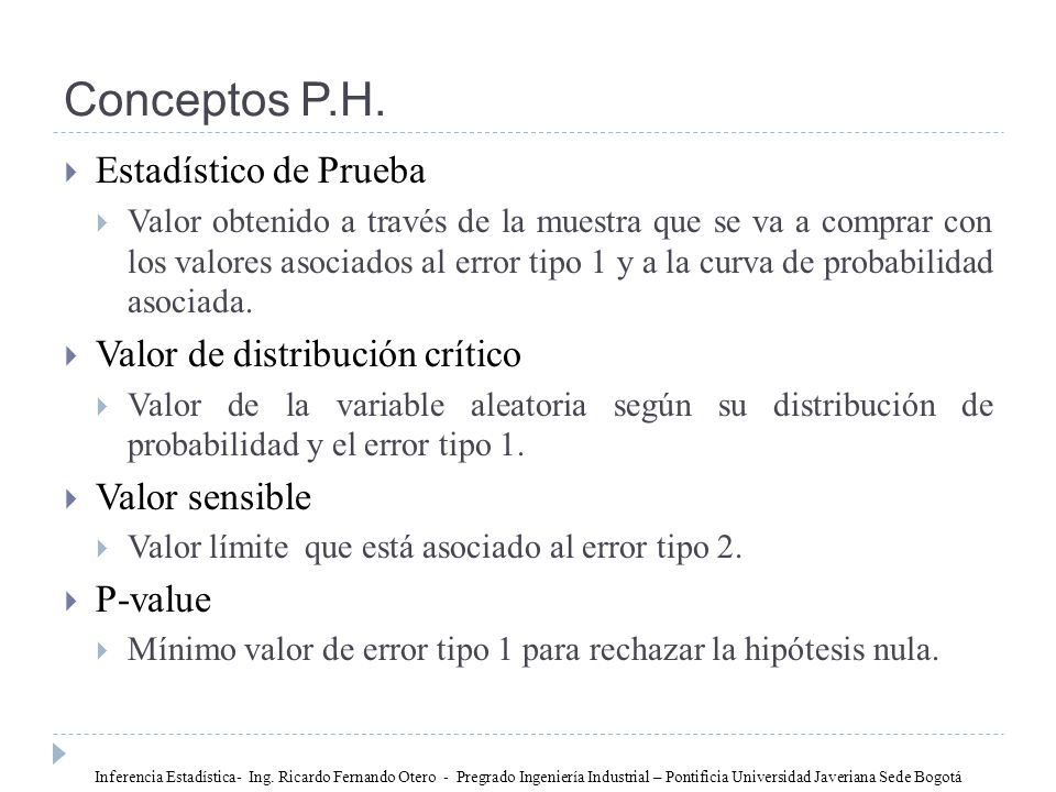 Conceptos P.H. Estadístico de Prueba Valor de distribución crítico