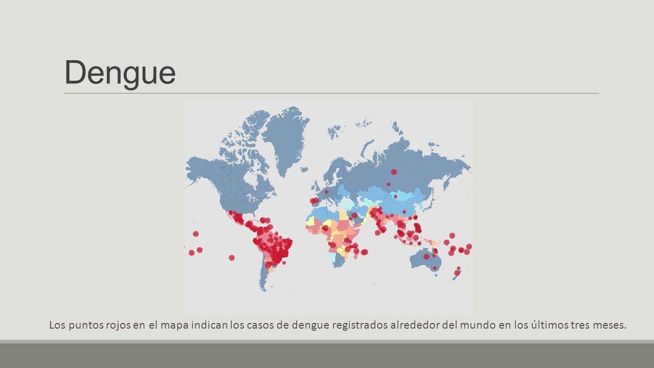 Dengue Los puntos rojos en el mapa indican los casos de dengue registrados alrededor del mundo en los últimos tres meses.