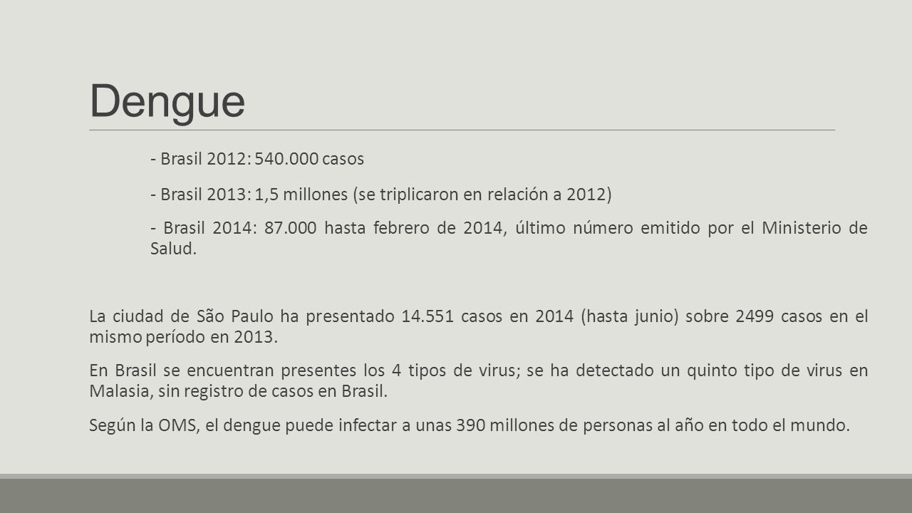 Dengue - Brasil 2012: casos. - Brasil 2013: 1,5 millones (se triplicaron en relación a 2012)