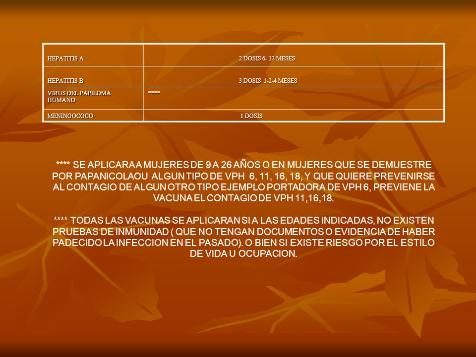 HEPATITIS A 2 DOSIS MESES. HEPATITIS B. 3 DOSIS MESES. VIRUS DEL PAPILOMA HUMANO. ****