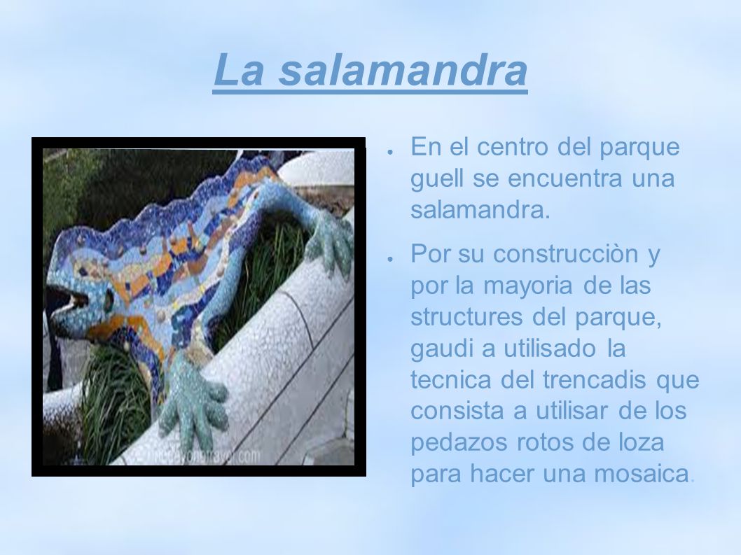La salamandra En el centro del parque guell se encuentra una salamandra.