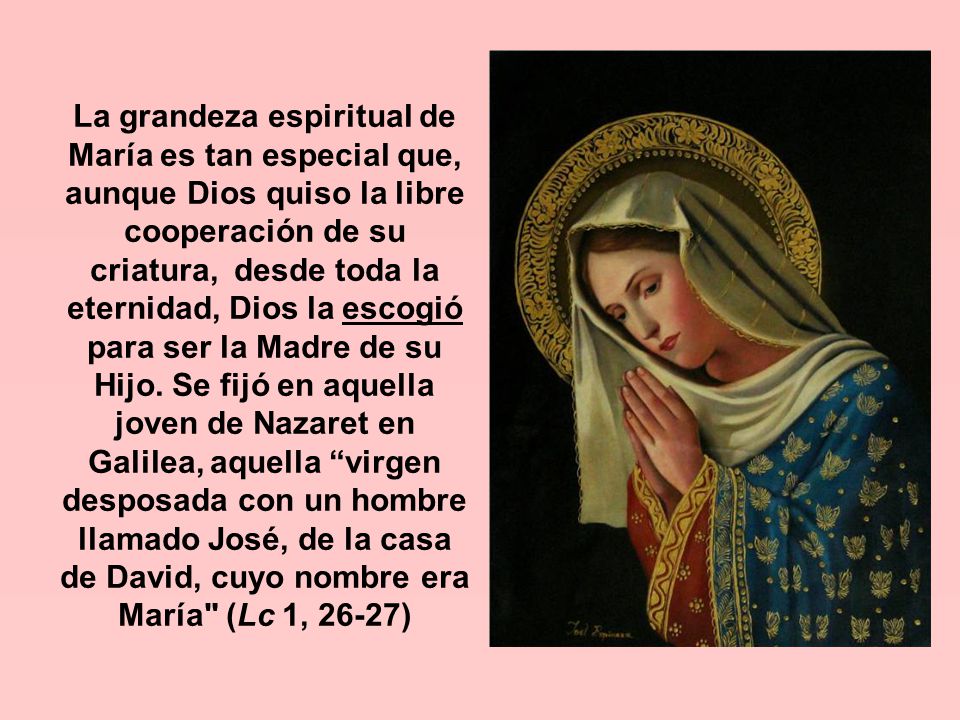 La grandeza espiritual de María es tan especial que, aunque Dios quiso la libre cooperación de su criatura, desde toda la eternidad, Dios la escogió para ser la Madre de su Hijo.