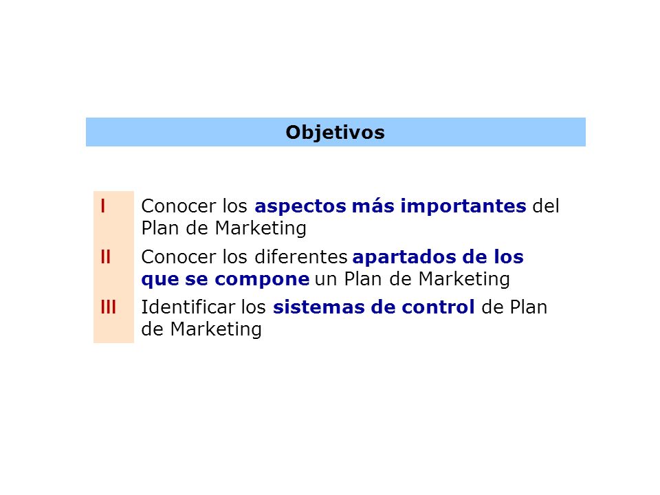 Objetivos I. Conocer los aspectos más importantes del Plan de Marketing. II.